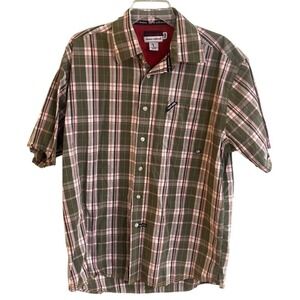 Ecko Unltd Classic Green Tan Red Plaid Short Sleeve Cotton Button Shirt Large